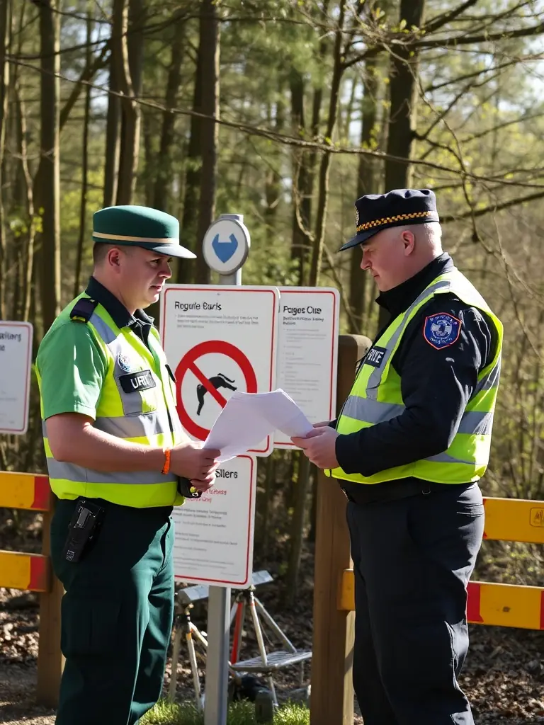An image of a guard working with local authorities to enforce regulations related to hunting and environmental protection.