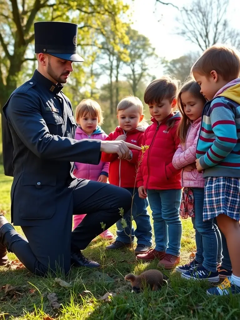 A picture of a guard interacting with local students during an educational workshop on environmental conservation.