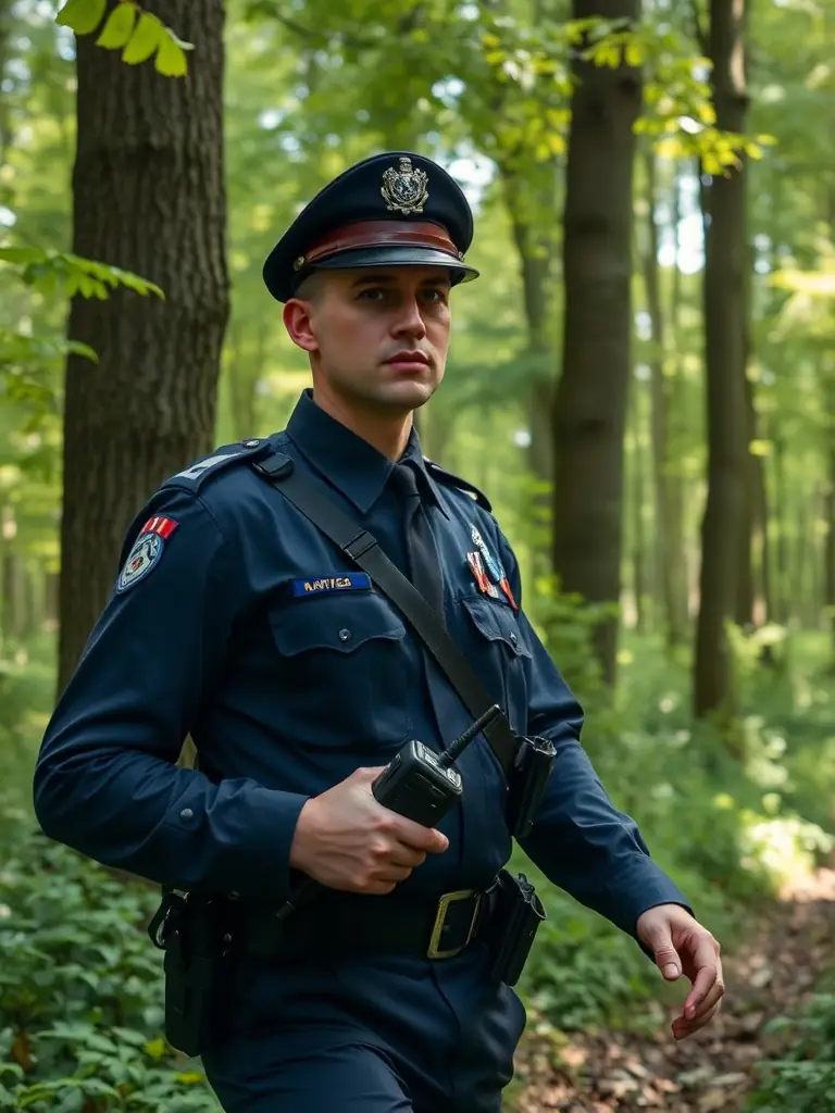 A photograph of a uniformed guard patrolling a forest, focusing on preventing illegal logging and poaching.