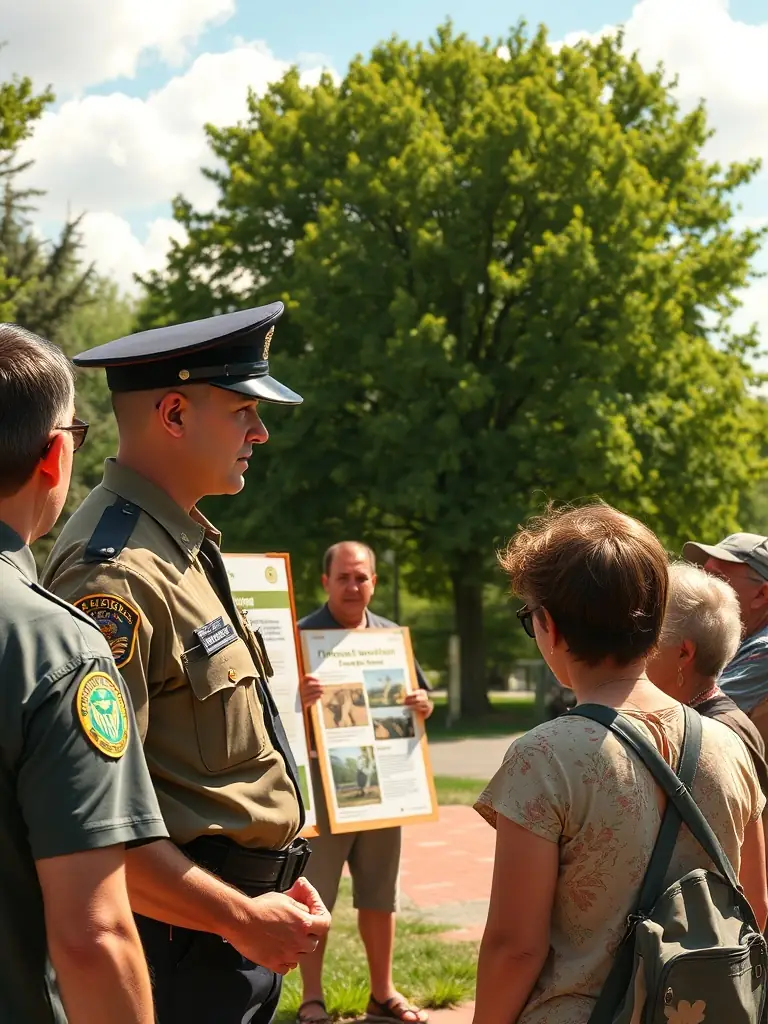 An image of a guard interacting with local community members during an environmental awareness event, highlighting the importance of conservation.