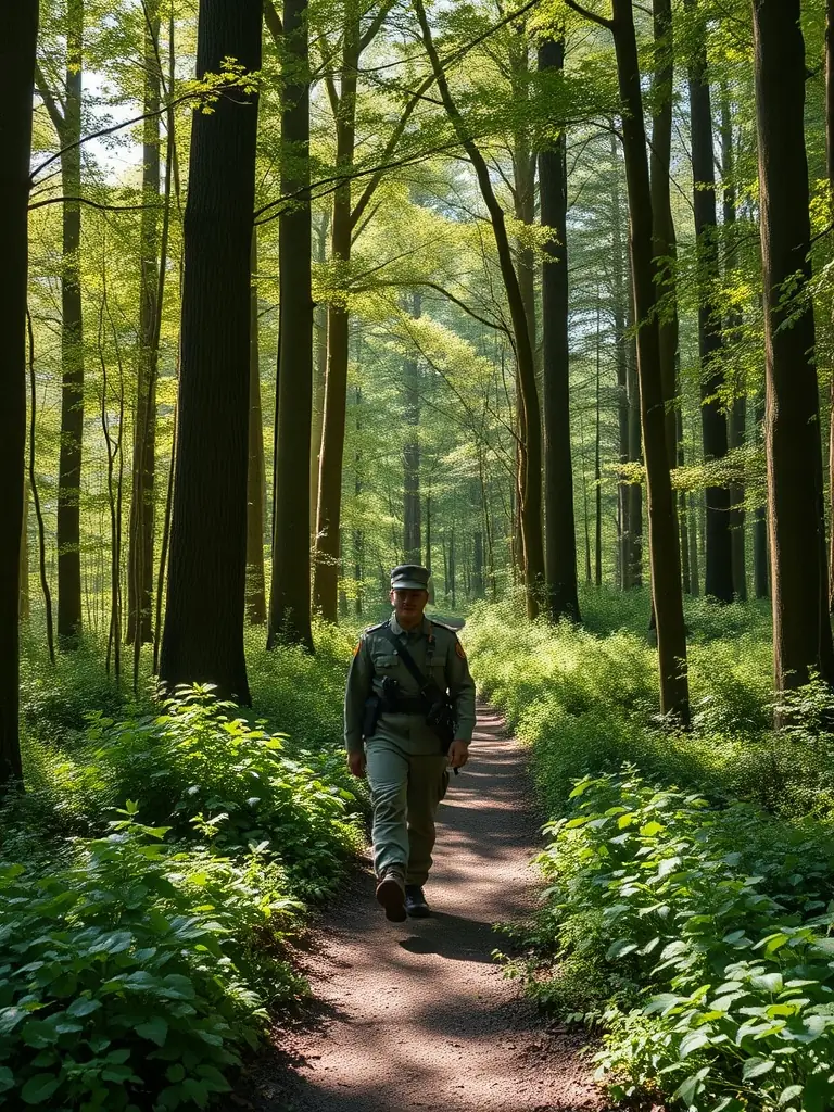 A serene image of a guard patrolling a lush, green forest in Normandy, focusing on the preservation of local flora.