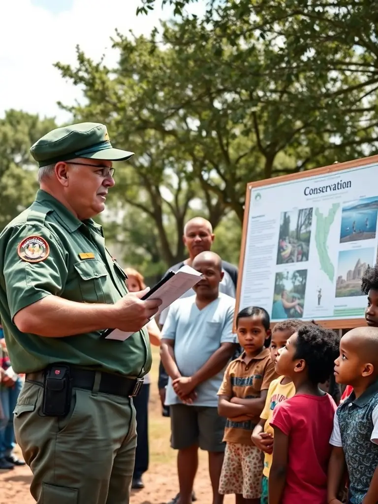 A photograph of a guard interacting with local community members during an educational workshop on environmental conservation.