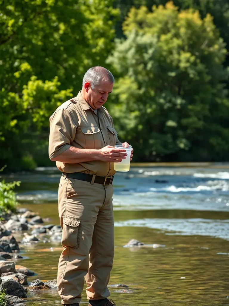 A photograph showcasing a warden collecting water samples from a local river, emphasizing the importance of water quality monitoring for environmental health.