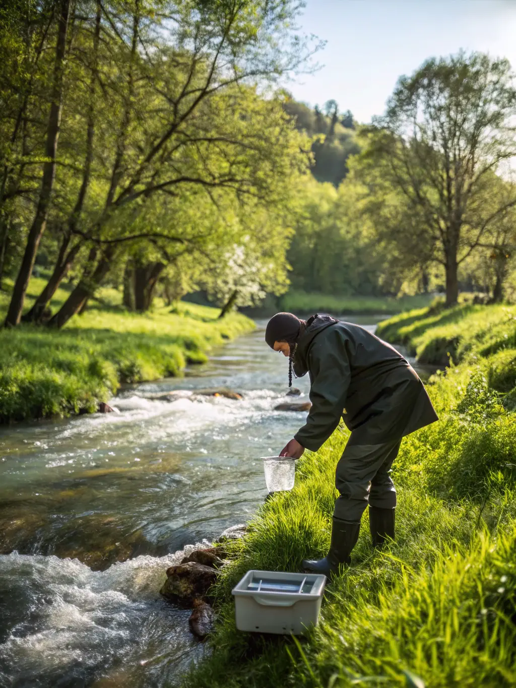 A warden inspecting a local river for pollution, showcasing the association's commitment to water quality and environmental protection.