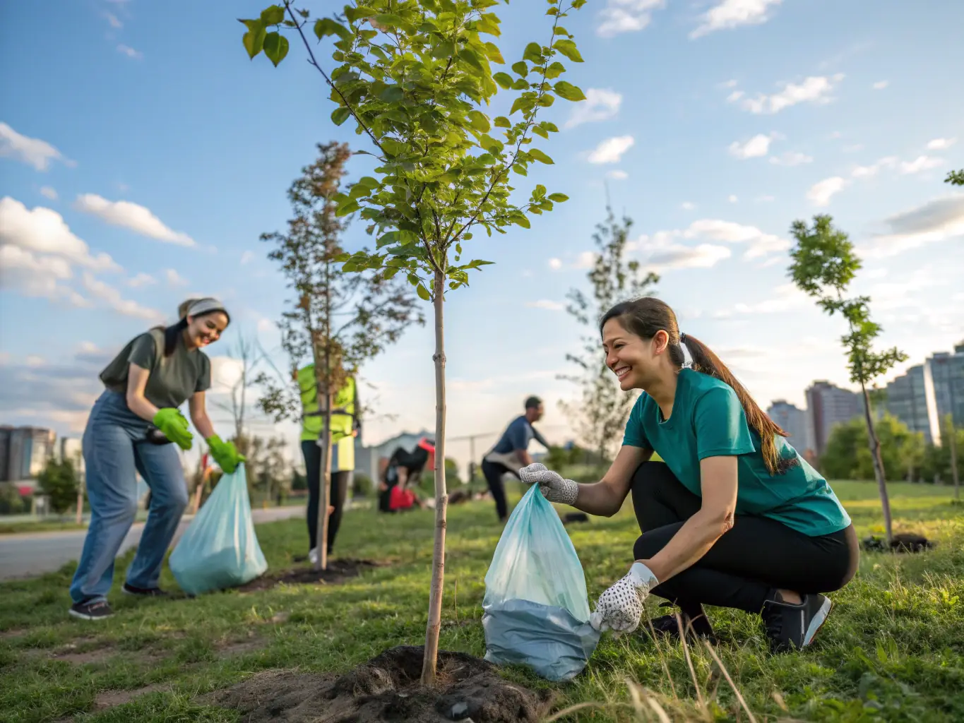 A group of volunteers participating in a community cleanup event in a Normandy forest, showcasing the association's engagement in environmental stewardship and community involvement.