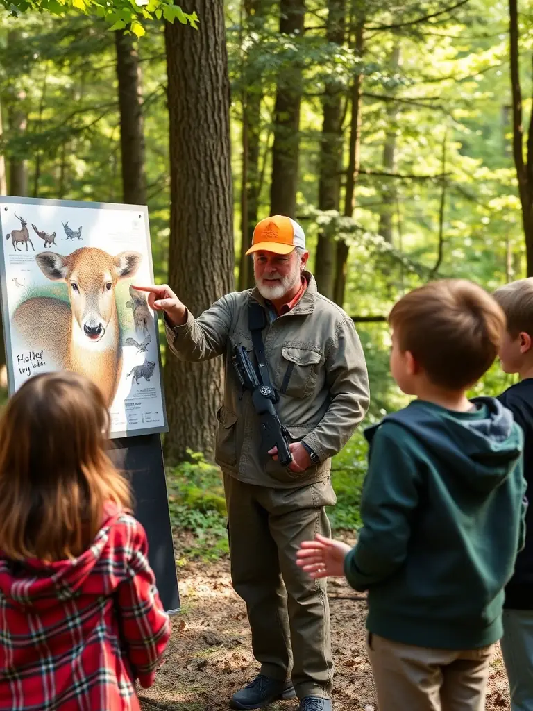 A photograph showing a warden educating a group of children about local wildlife and conservation practices, emphasizing the importance of environmental education.