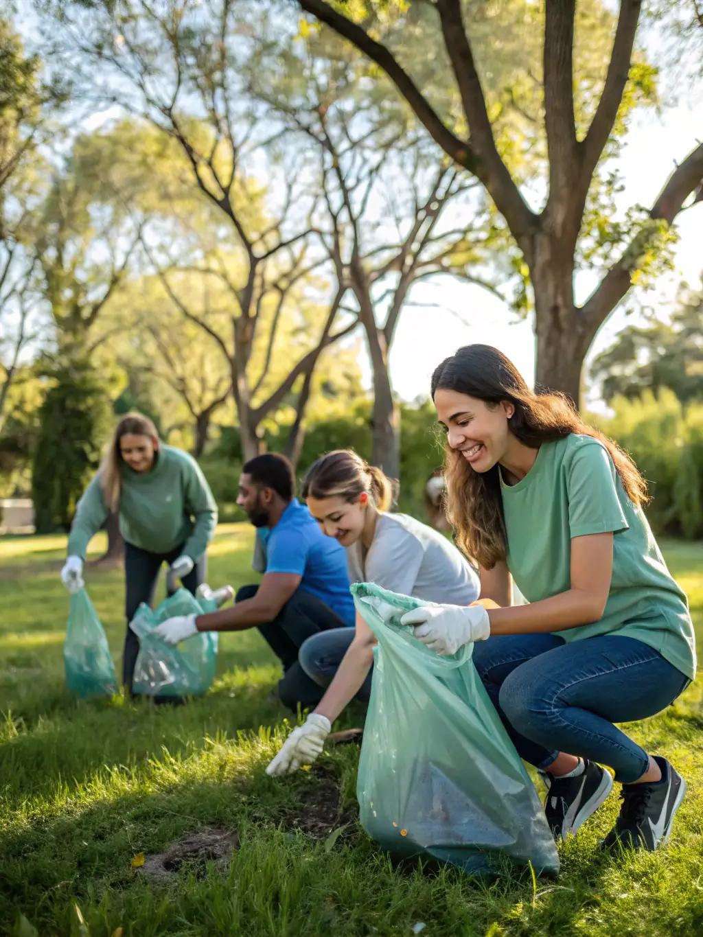 A photograph of a warden leading a group of volunteers in a forest cleanup activity, highlighting community involvement in environmental conservation.