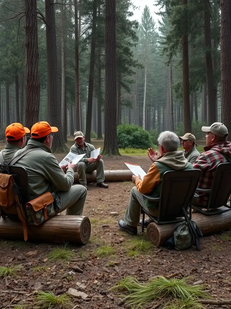 A picture of a guard providing educational materials about responsible hunting to a group of local hunters in a rural setting.