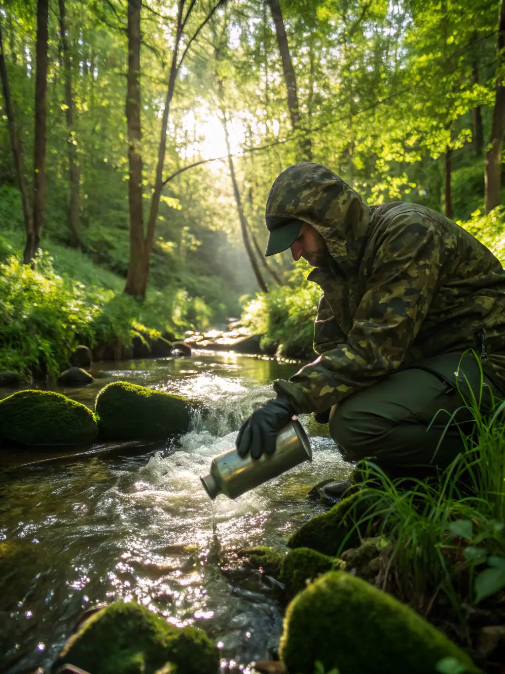 A guard collecting water samples from a river for pollution monitoring and analysis.