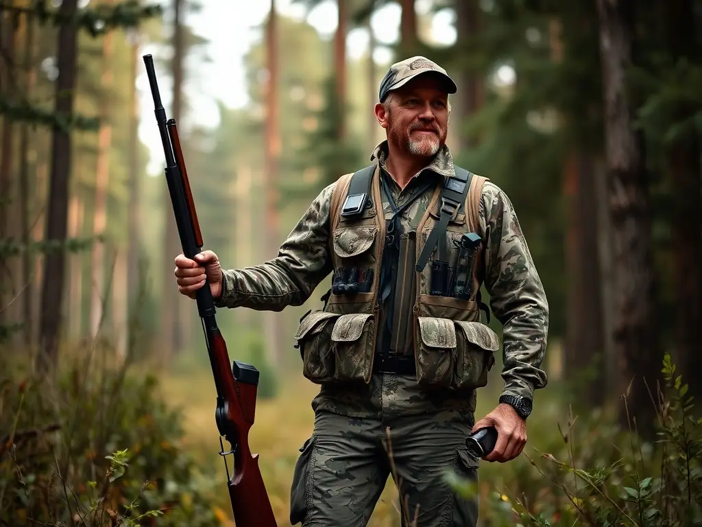 A responsible hunter in Normandy, carefully observing wildlife through binoculars, representing the association's commitment to regulated and sustainable hunting practices.