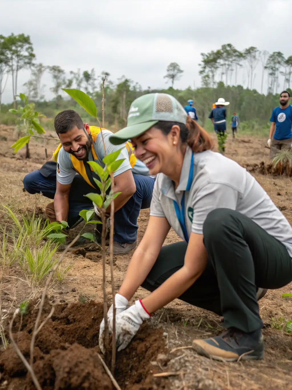 A photograph of volunteers planting trees in a deforested area of Normandy, showcasing active participation in environmental restoration.