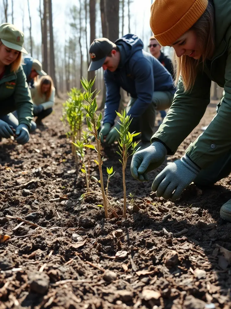 A group of wardens planting trees as part of a reforestation project in a deforested area of Normandy, highlighting habitat restoration.