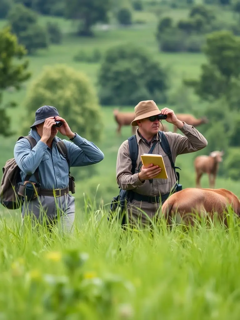 A warden in uniform, binoculars in hand, observing wildlife in a protected area of Normandy, focusing on the conservation efforts.