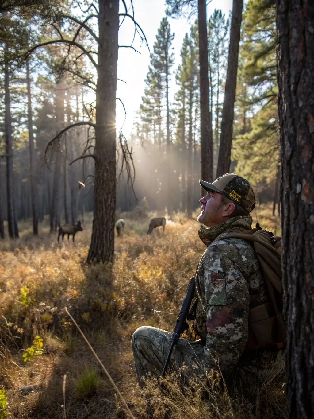A high-quality photograph depicting a game warden using binoculars in a lush Normandy forest, focusing on wildlife observation and protection.